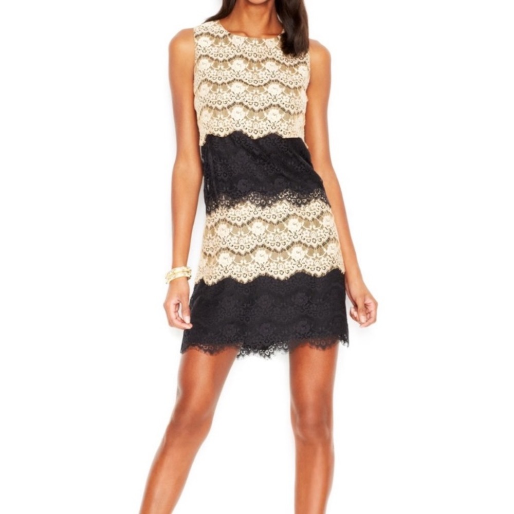 Jessica Simpson white and navy layered lace over nude dress size 10
